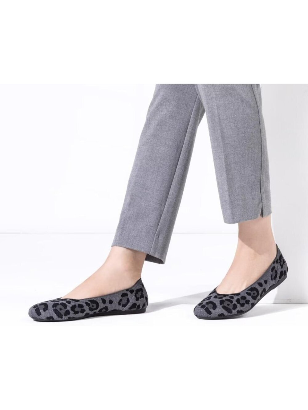 Women's Leopard Grey Ballet Flat Low Wedge Comfort Soft Round Toe Slip Shoes - Picture 2 of 6